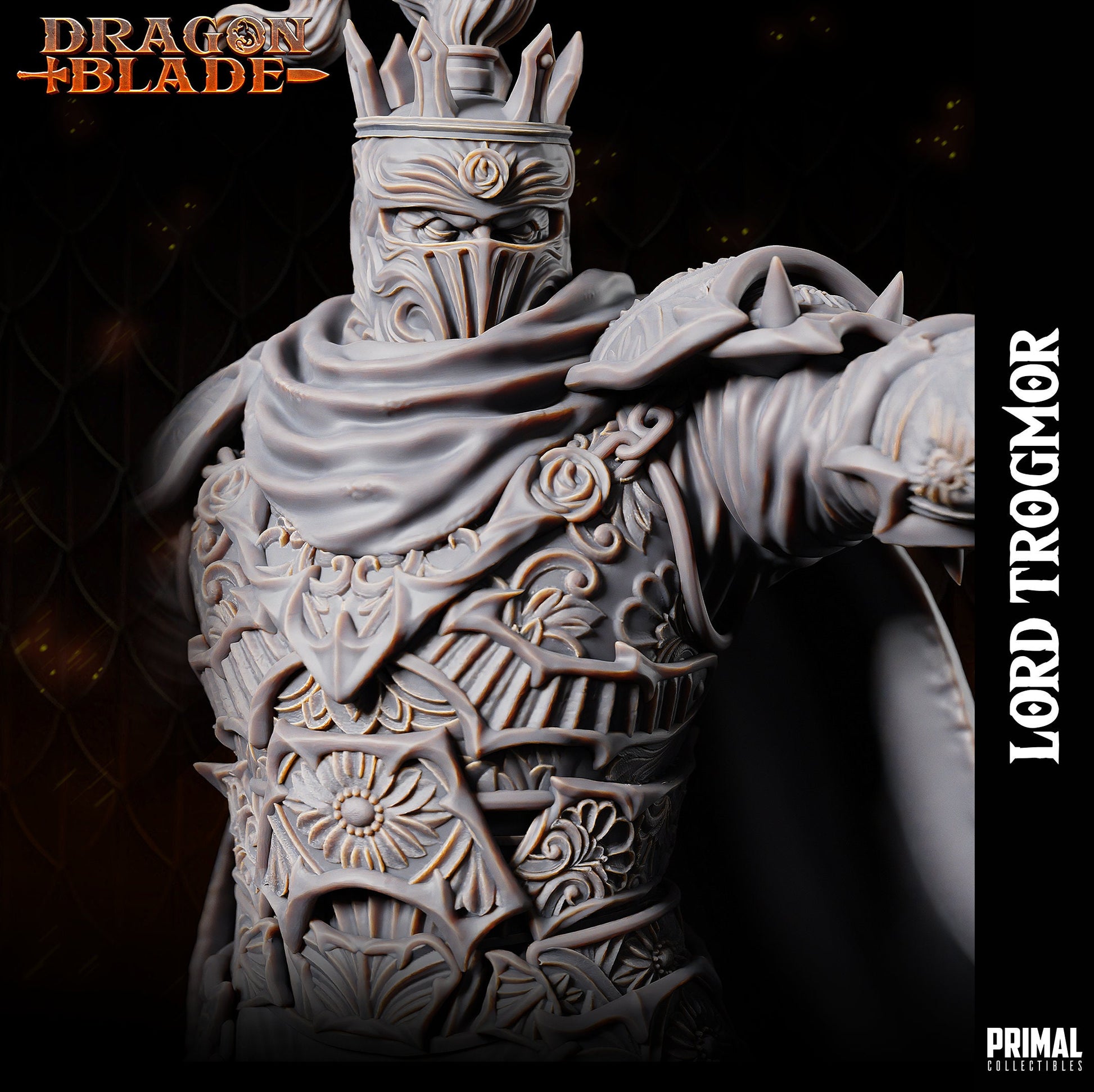 Bust for Lord Soth, a Death Knight. Wearing elaborate filigree plate armour. Holding a torch in one hand and pointing with his sword in the other. His flowing cape billows he stands from the waist on top of a stone plinth with rivets along the bottom