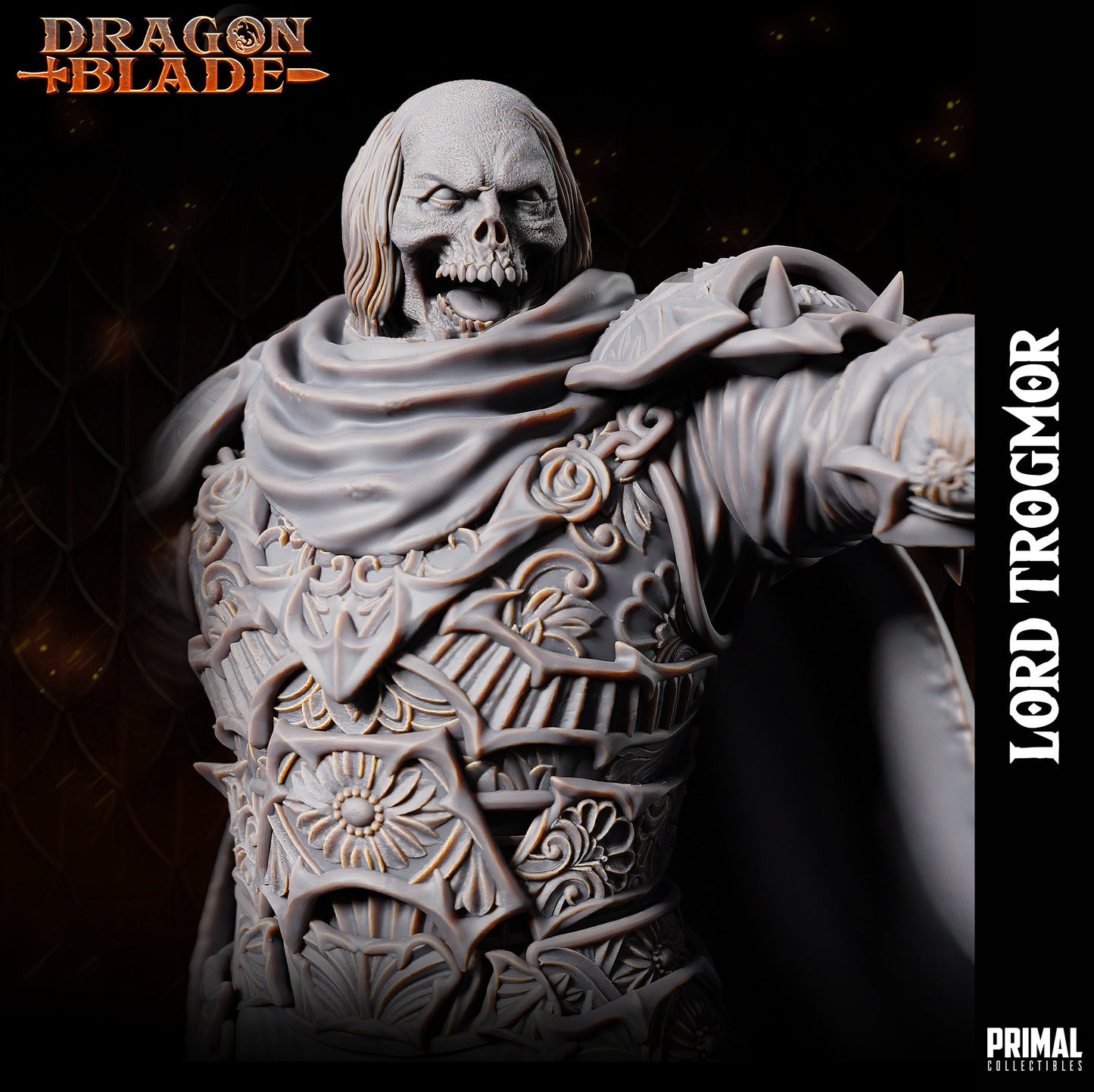 Bust for Lord Soth, a Death Knight. Wearing elaborate filigree plate armour. Holding a torch in one hand and pointing with his sword in the other. His flowing cape billows he stands from the waist on top of a stone plinth with rivets along the bottom