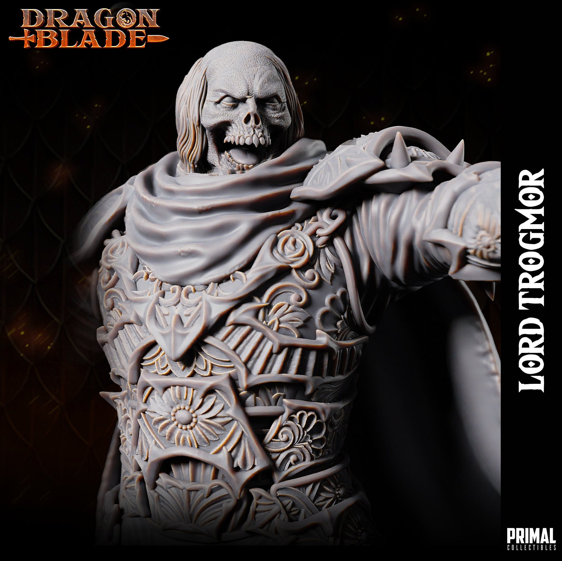 Bust for Lord Soth, a Death Knight. Wearing elaborate filigree plate armour. Holding a torch in one hand and pointing with his sword in the other. His flowing cape billows he stands from the waist on top of a stone plinth with rivets along the bottom