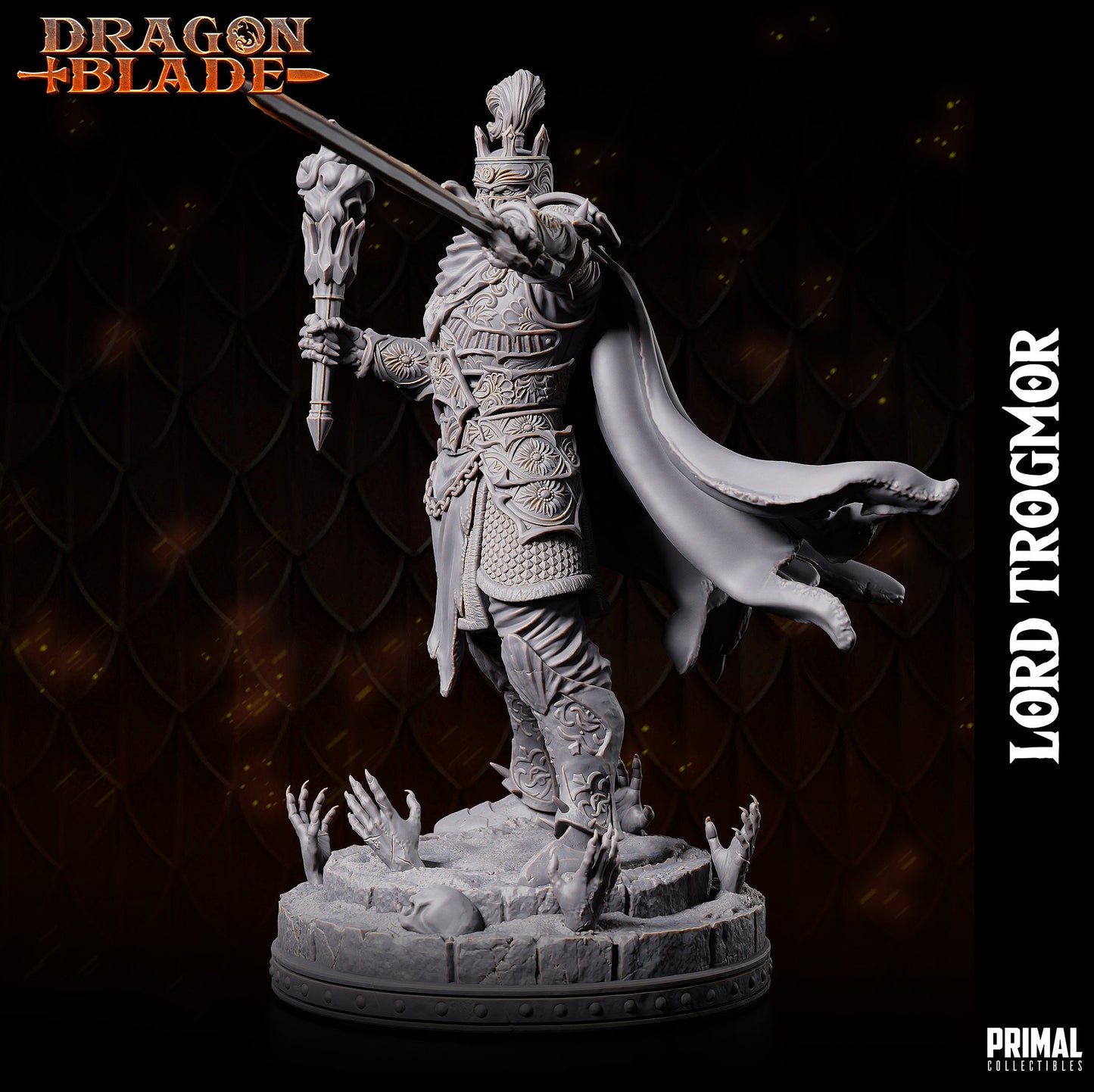 Lord Soth, a Death Knight. Wearing elaborate filigree plate armour. Holding a torch in one hand and pointing with his sword in the other. His flowing cape billows he stands amidst a base where demonic hands erupt from the floor along a lone skull.