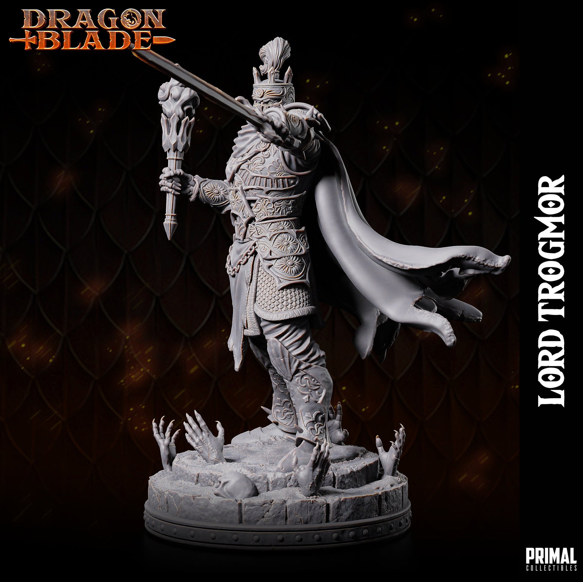 Lord Soth, a Death Knight. Wearing elaborate filigree plate armour. Holding a torch in one hand and pointing with his sword in the other. His flowing cape billows he stands amidst a base where demonic hands erupt from the floor along a lone skull.