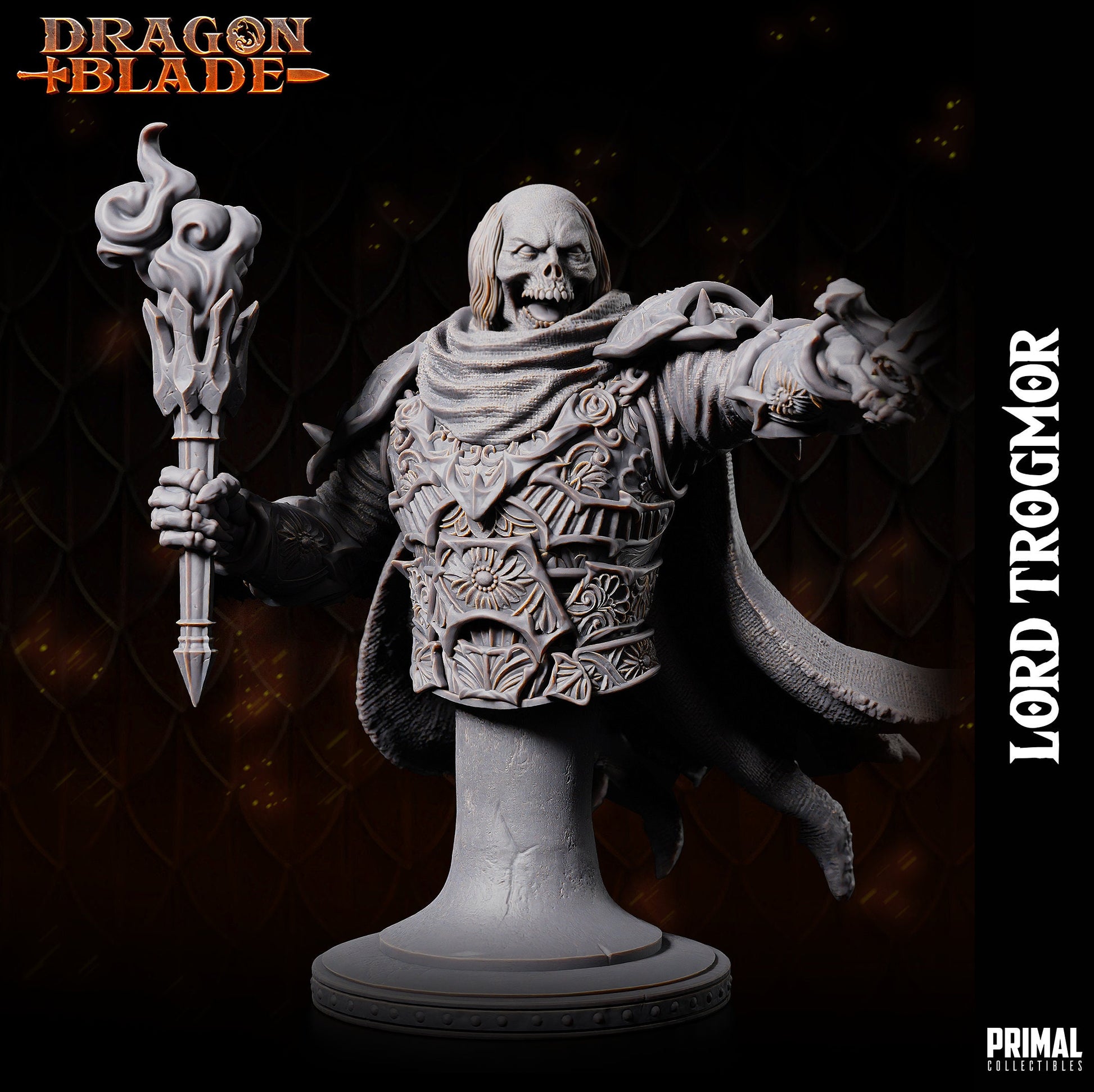 Bust for Lord Soth, a Death Knight. Wearing elaborate filigree plate armour. Holding a torch in one hand and pointing with his sword in the other. His flowing cape billows he stands from the waist on top of a stone plinth with rivets along the bottom