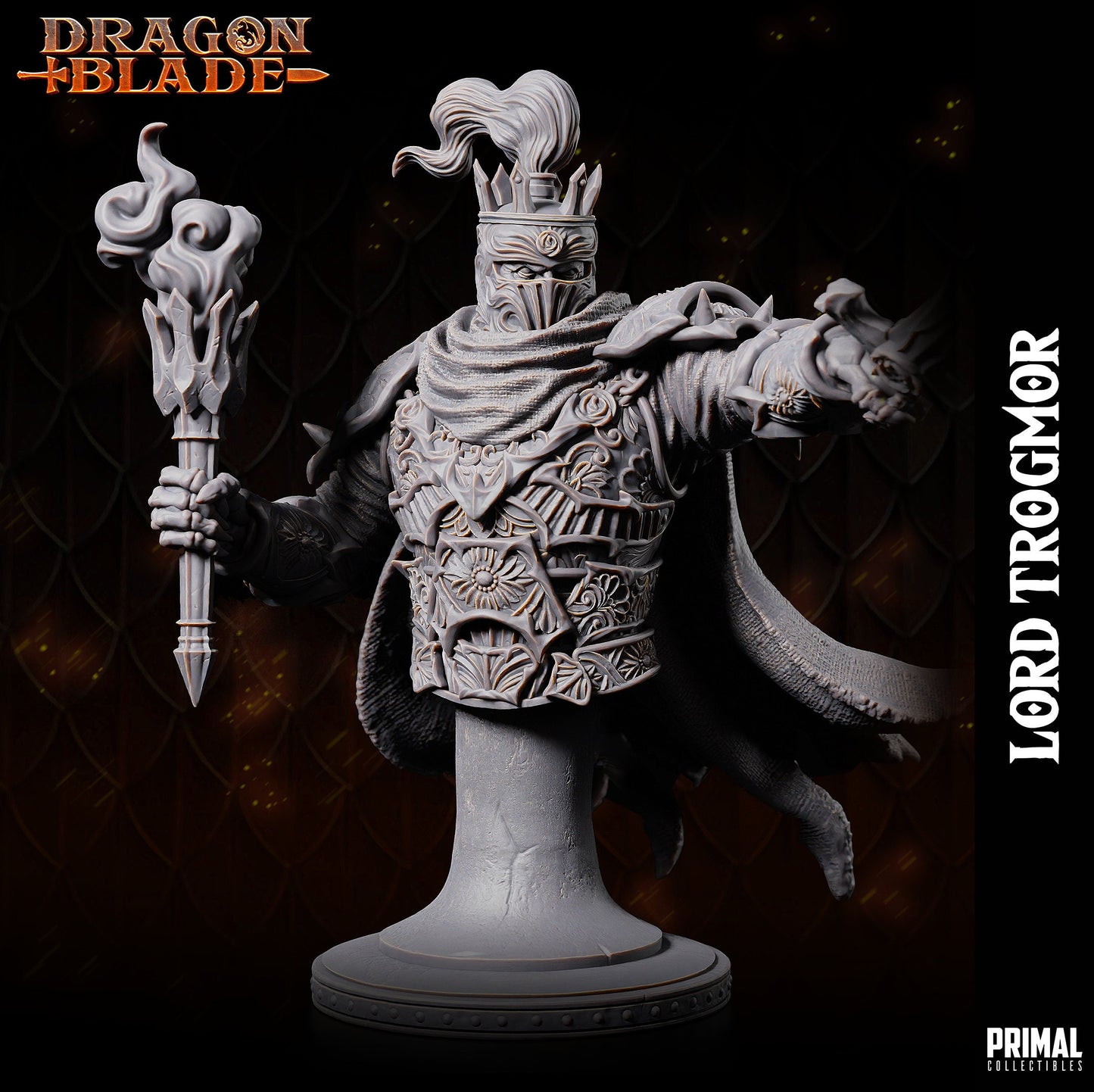 Bust for Lord Soth, a Death Knight. Wearing elaborate filigree plate armour. Holding a torch in one hand and pointing with his sword in the other. His flowing cape billows he stands from the waist on top of a stone plinth with rivets along the bottom