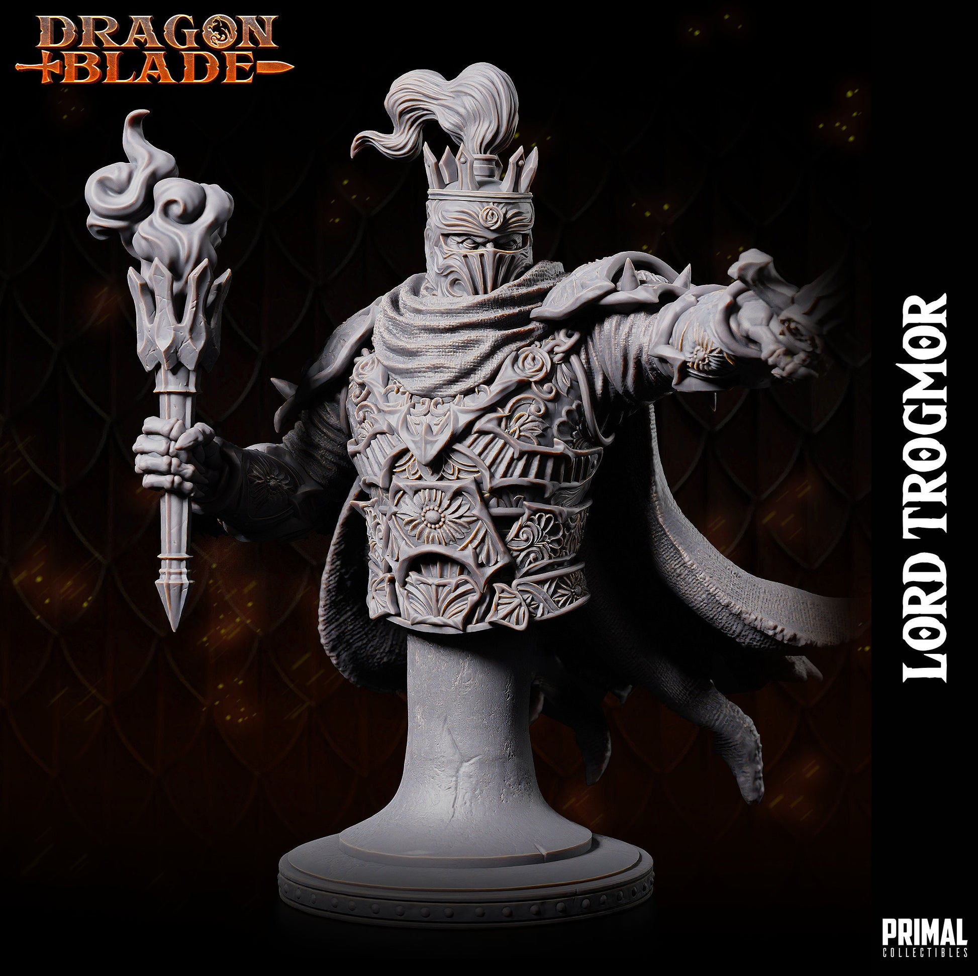 Bust for Lord Soth, a Death Knight. Wearing elaborate filigree plate armour. Holding a torch in one hand and pointing with his sword in the other. His flowing cape billows he stands from the waist on top of a stone plinth with rivets along the bottom
