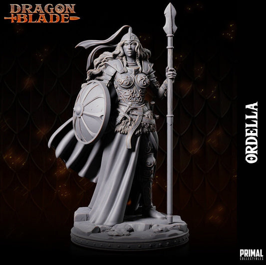 Graceful and formidable, Laurana Kanan boasts ornate armor and a steel cap adorned with ribbons. Trusty spear in hand, and shield at the ready. Her flowing hair and cloak add to her warrior aura. Standing confidently atop a simple stone ground base.