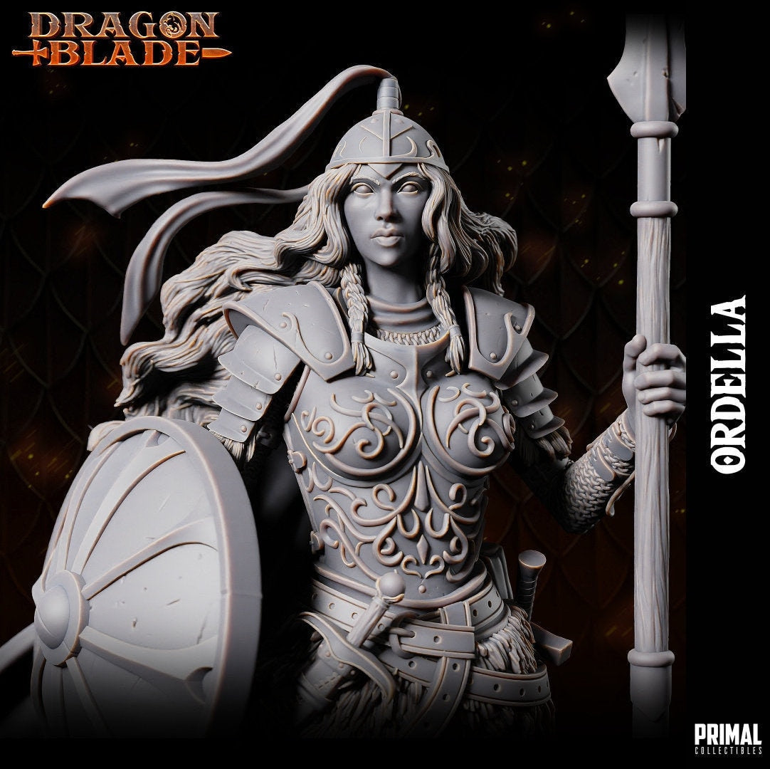 Graceful and formidable, Laurana Kanan boasts ornate armor and a steel cap adorned with ribbons. Trusty spear in hand, and shield at the ready. Her flowing hair and cloak add to her warrior aura. Standing confidently atop a simple stone ground base.